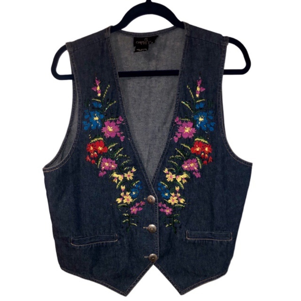 Carole Little Sport Three Button Floral Denim Vest